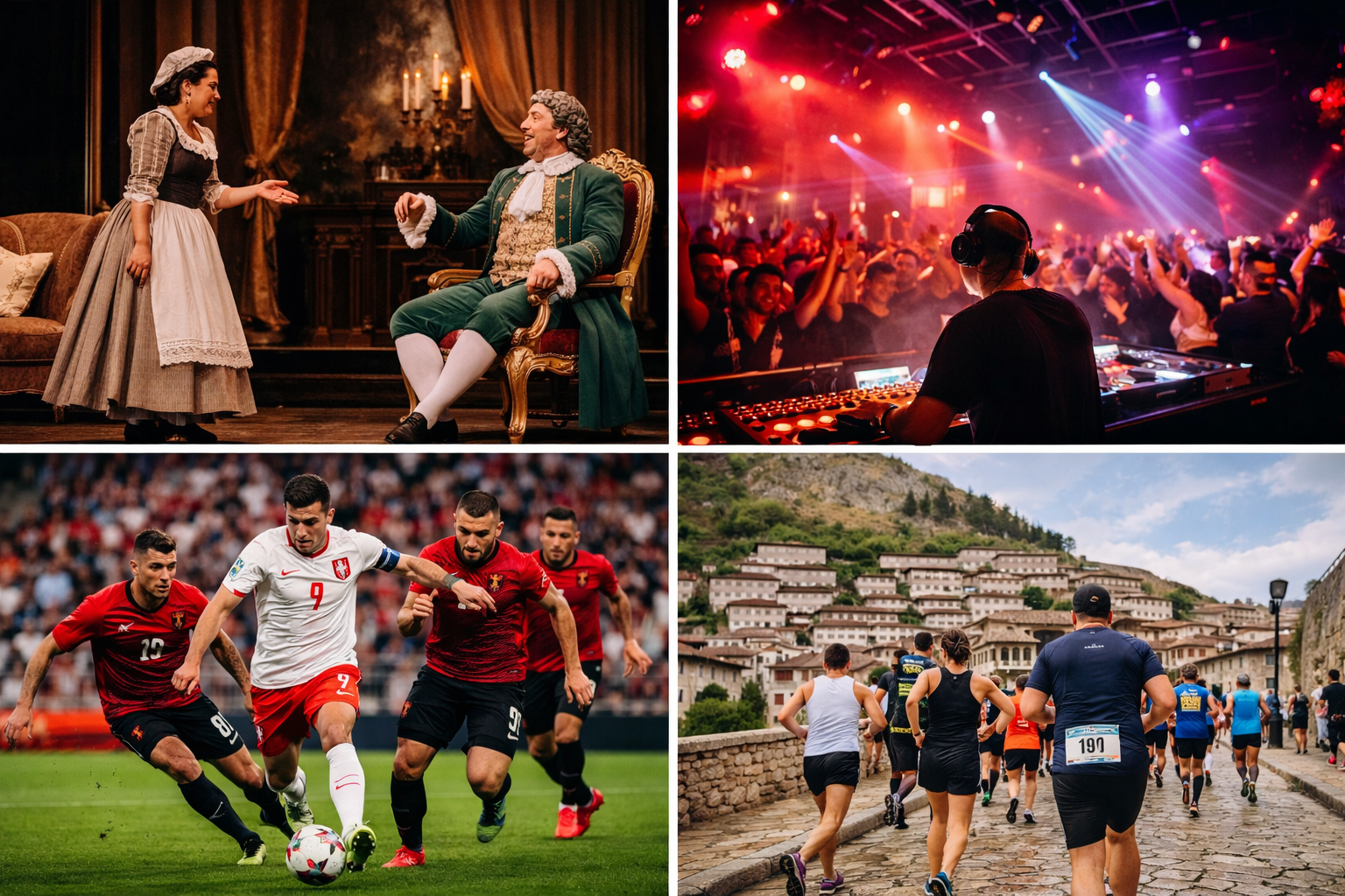 Spring events in Albania 2026 collage featuring opera in Tirana, nightlife, football atmosphere, and the Berat half marathon